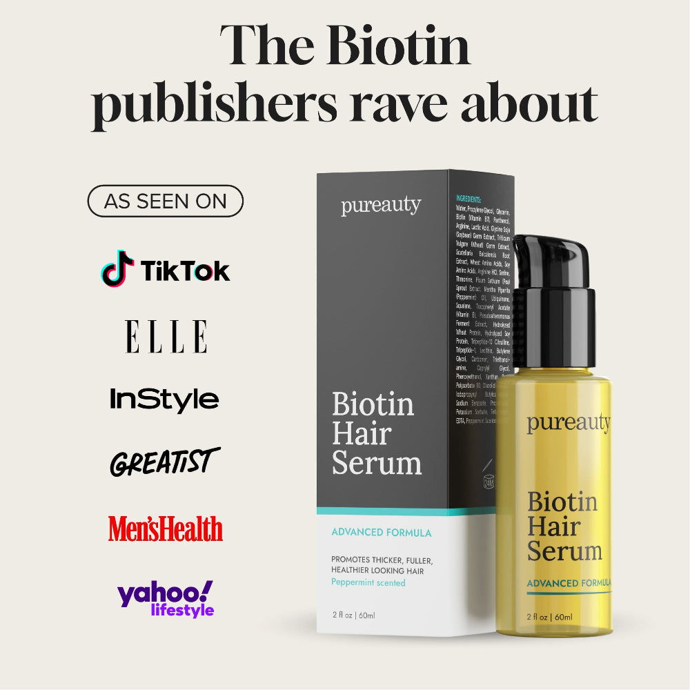 Benefit overview poster with serum bottle and bullet‑points: stimulates roots, improves hair health, supports growth