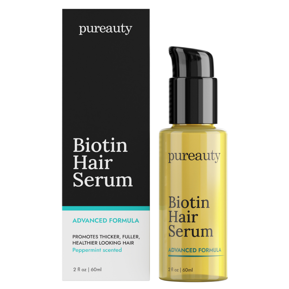 Pureauty Naturals Biotin Hair Serum bottle next to its product box showing branding and label