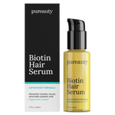 Pureauty Naturals Biotin Hair Serum bottle next to its product box showing branding and label
