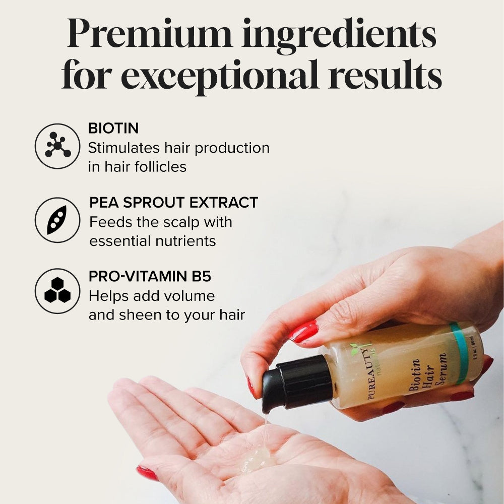 Graphic showing serum bottle alongside bullets and icons listing biotin, pea sprout extract, pro‑vitamin B5 ingredients